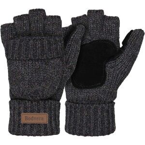 Women's Gray Thermal Wool Winter Warm Fingerless Knitted Mittens Flap Gloves